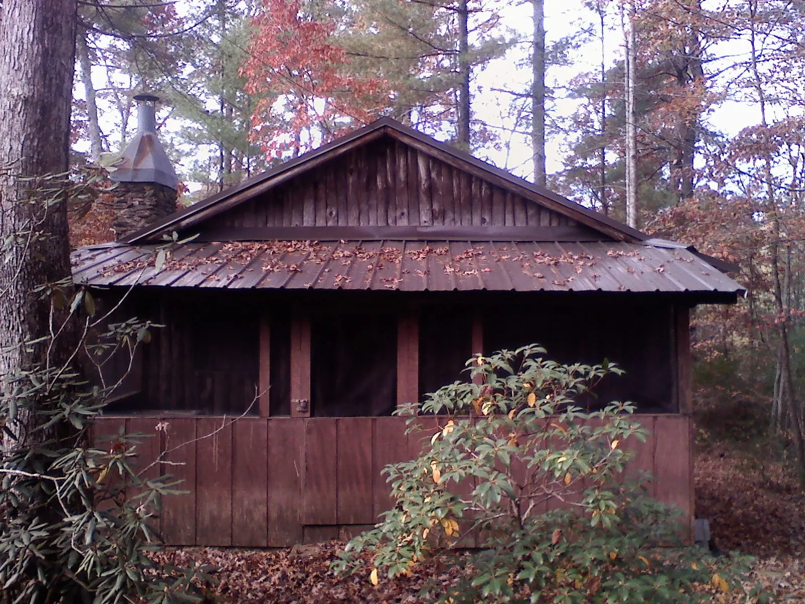 Metal roof over the screened porch of a rustic cabin in New England